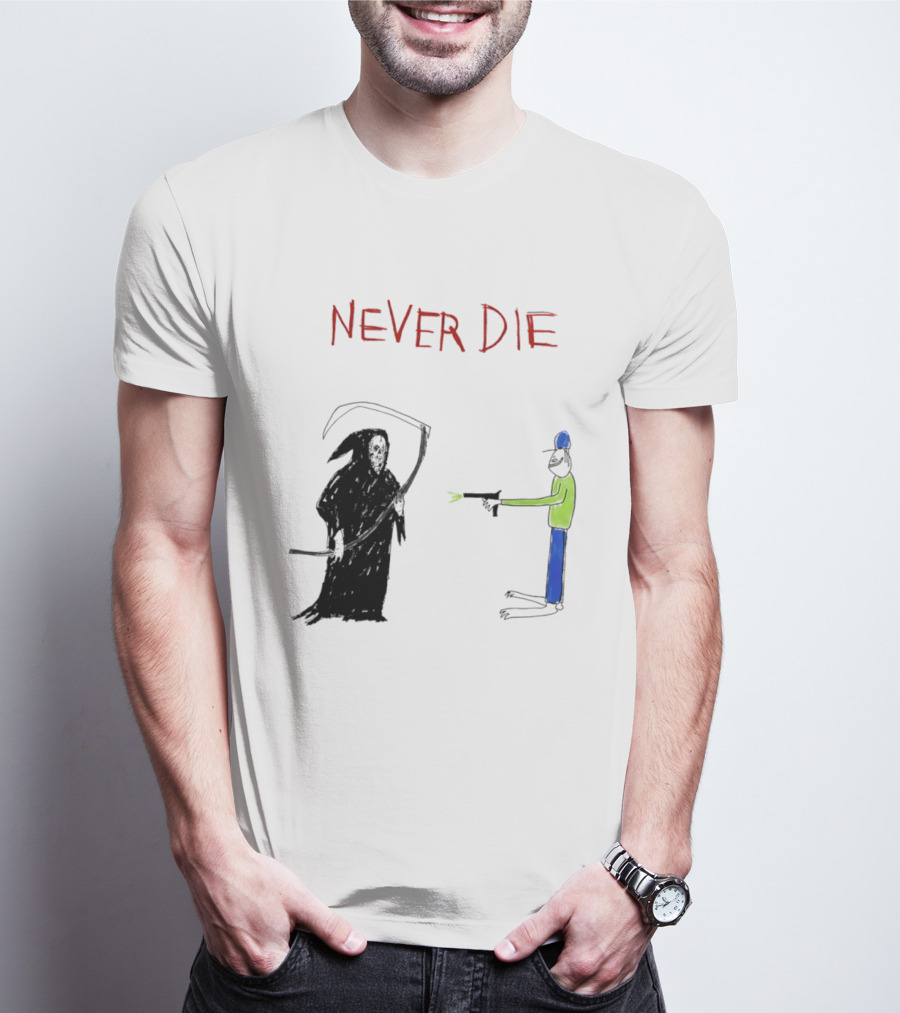 Never Die Grim Reaper Confronts Armed Man Drawing T-Shirt