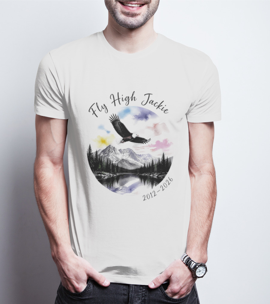 Fly High Jackie 2012 2026 Eagle Mountain Lake Memorial With Soaring Eagle And Scenic Sunset T-Shirt