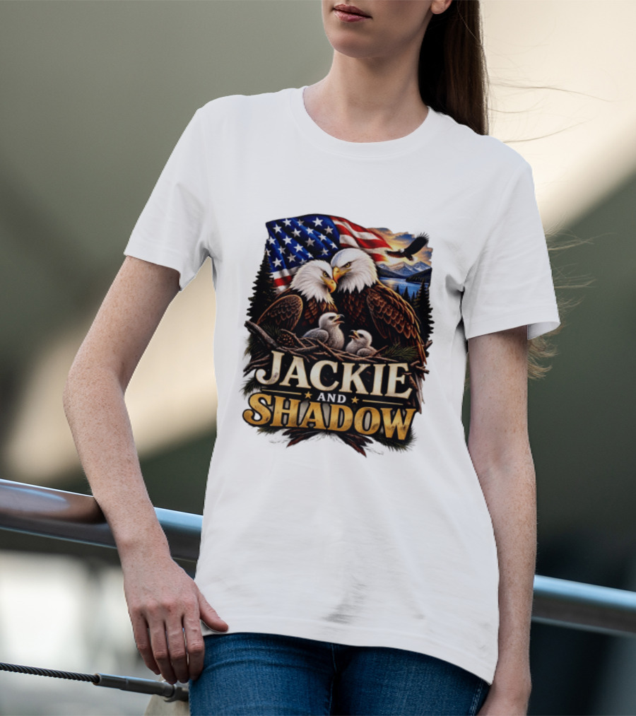 Jackie And Shadow Bald Eagles With American Flag T-Shirt