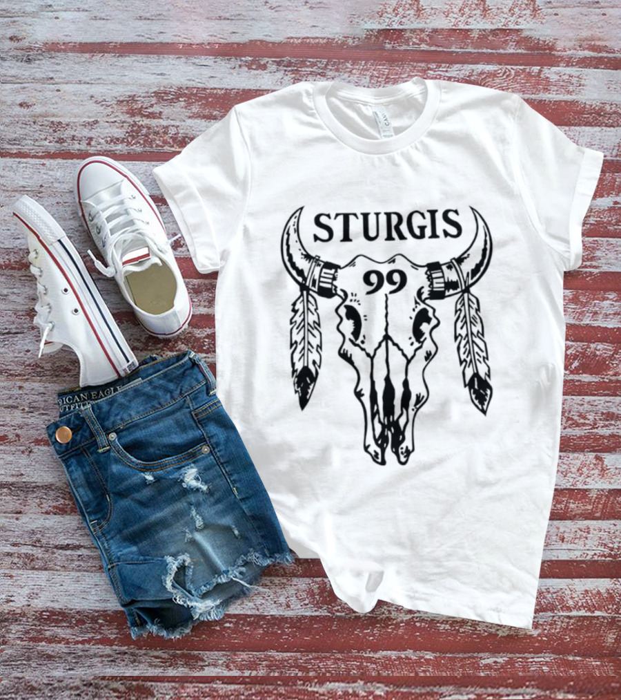 Sturgis 99 Bull Skull Western Biker Feathers T-Shirt