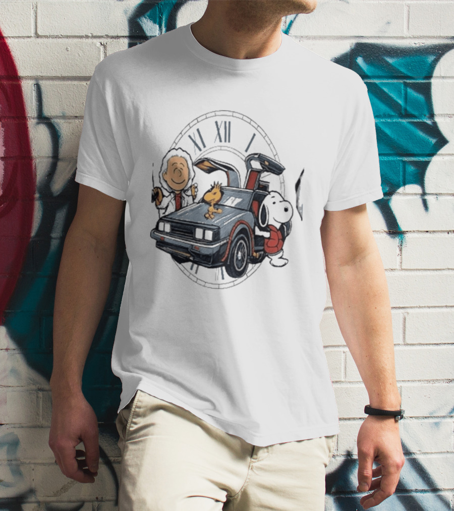 Peanuts Characters With DeLorean Time Machine And T-Shirt