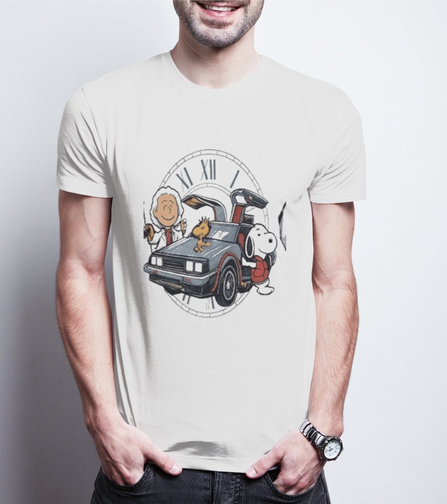 Peanuts Characters With DeLorean Time Machine And T-Shirt