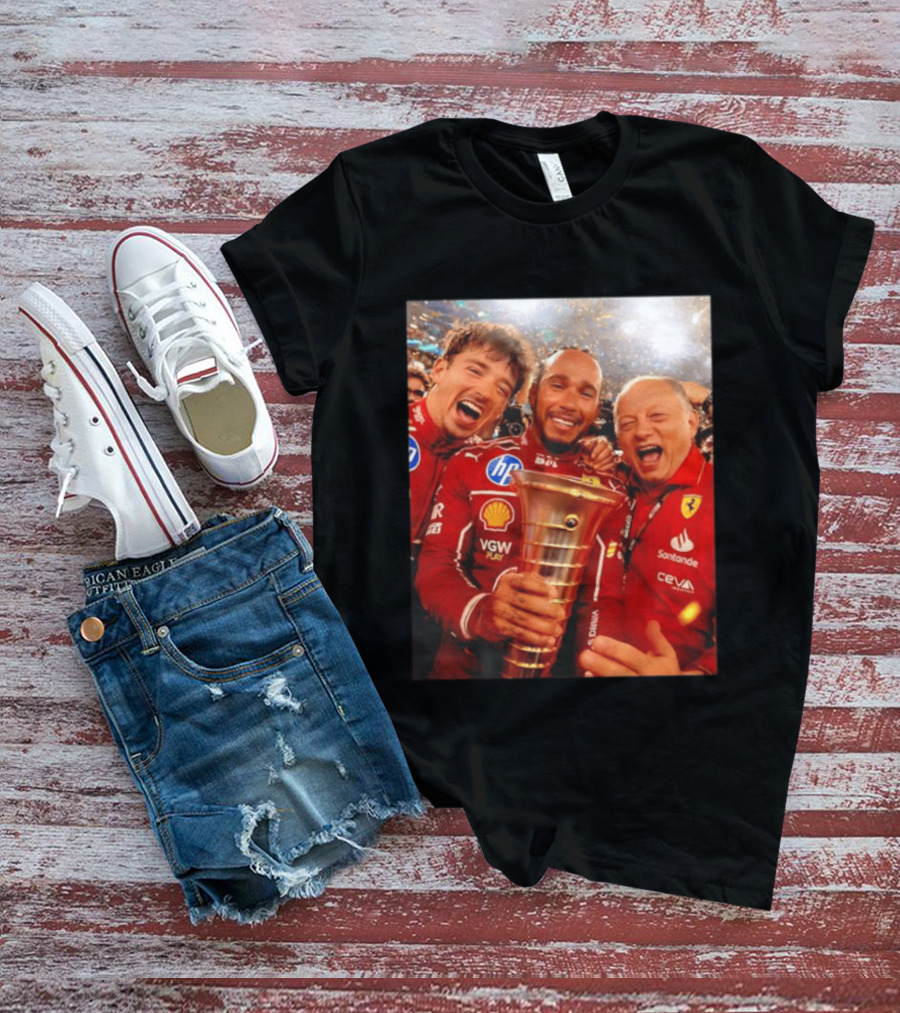 Charles Leclerc Lewis Hamilton Frederic Vasseur Ferrari Victory Celebration Trophy BP Shell Santander CEVA Racing T-Shirt