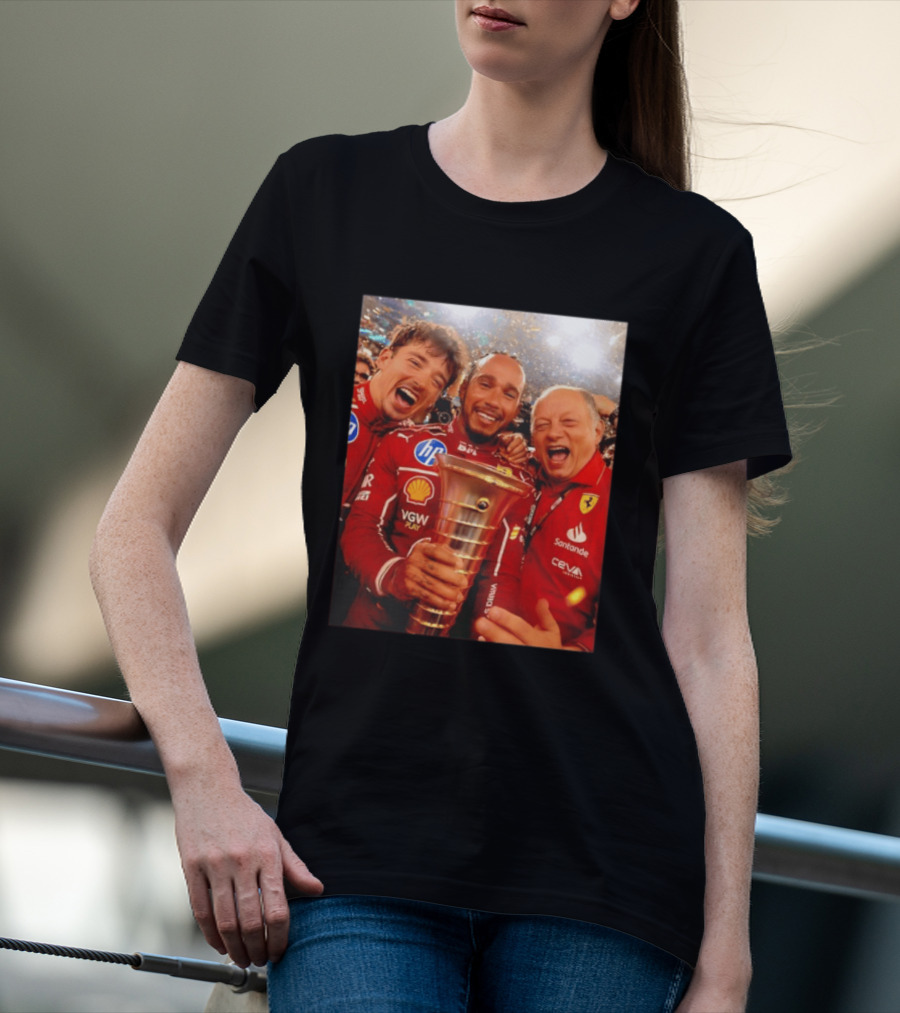 Charles Leclerc Lewis Hamilton Frederic Vasseur Ferrari Victory Celebration Trophy BP Shell Santander CEVA Racing T-Shirt