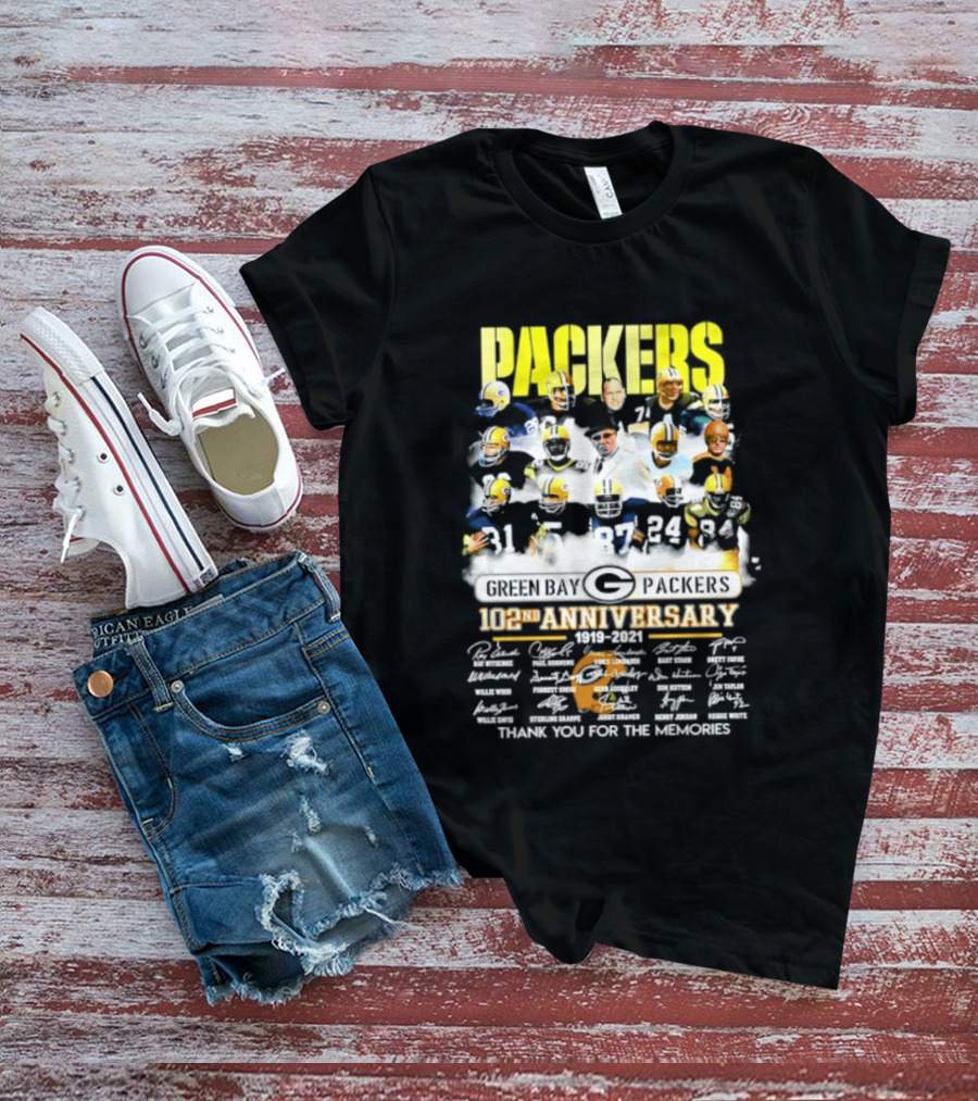 Green Bay Packers 102nd Anniversary 1919 2021 Thank You For The Memories Packers Legends Signatures Collection T-Shirt