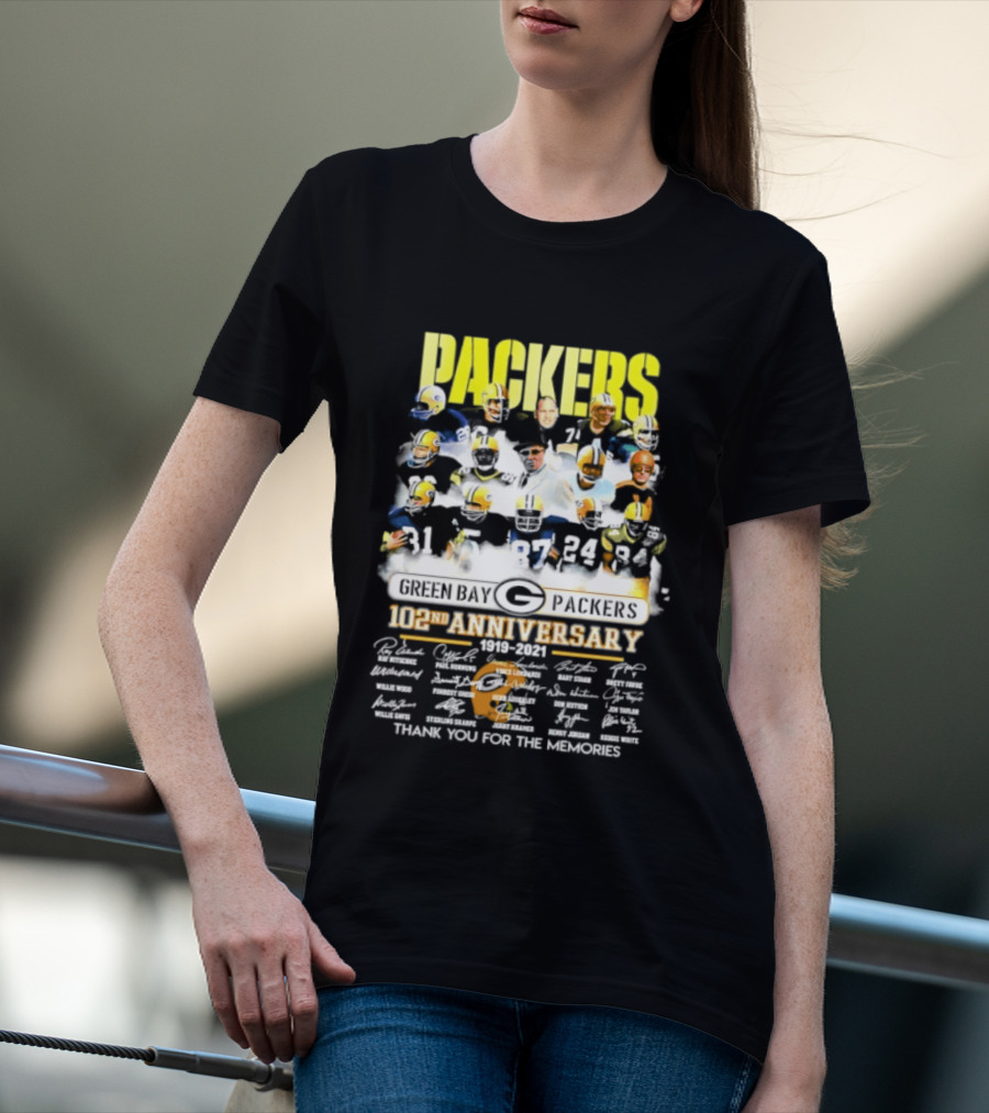 Green Bay Packers 102nd Anniversary 1919 2021 Thank You For The Memories Packers Legends Signatures Collection T-Shirt