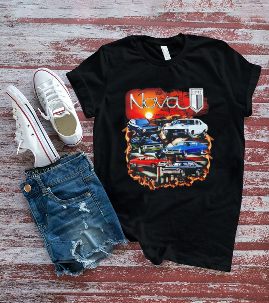 Nova Chevy II American Flag Muscle Car Collection Vintage Sunset T-Shirt