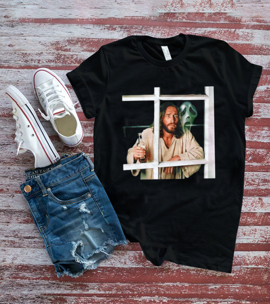 Jesus Drinking Whiskey With Ghostface Killer Behind Window T-Shirt