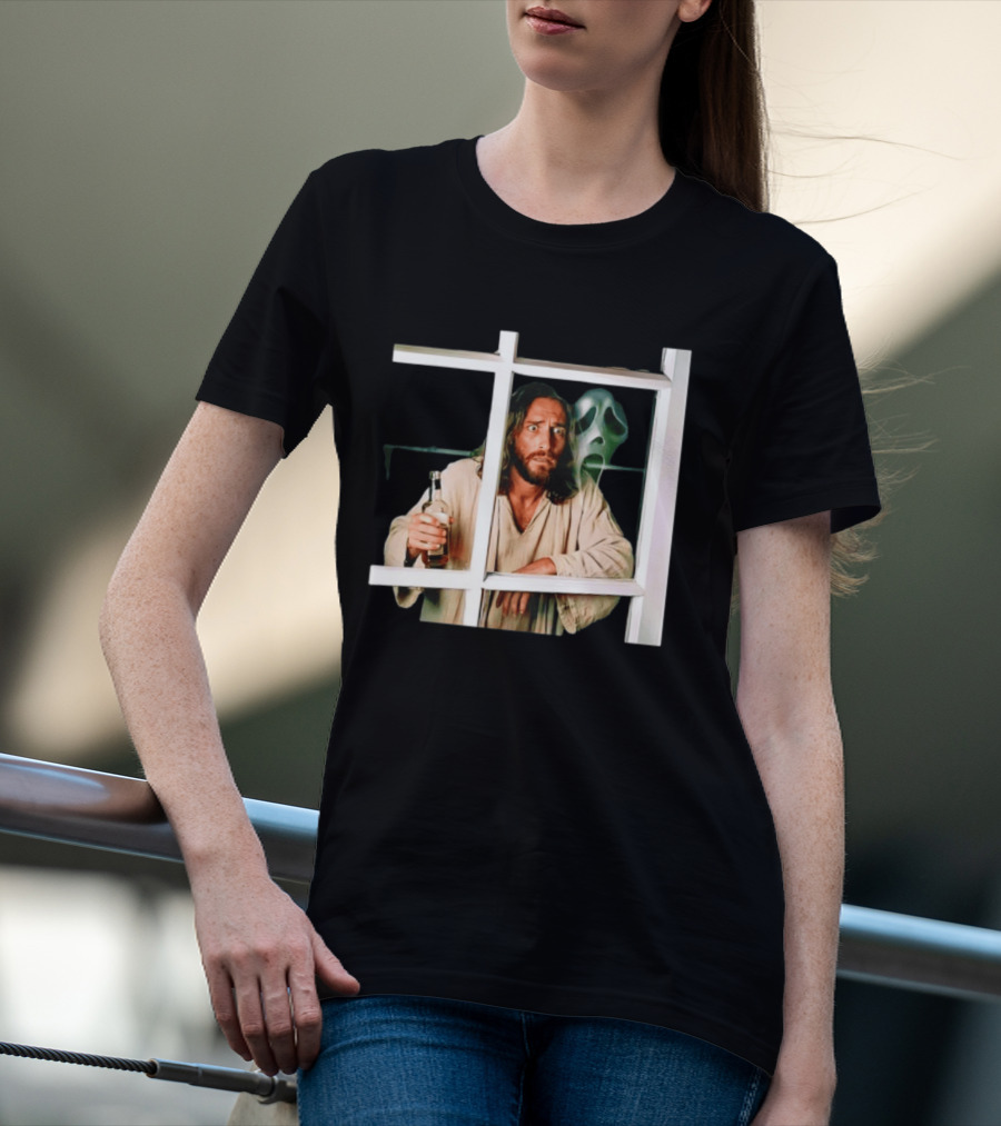 Jesus Drinking Whiskey With Ghostface Killer Behind Window T-Shirt