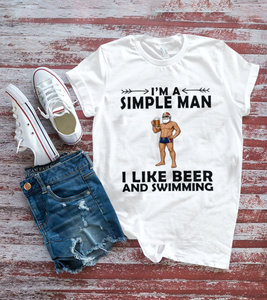 I'm A Simple Man I Like Beer And Swimming Funny Bearded Swimmer With Beer T-Shirt
