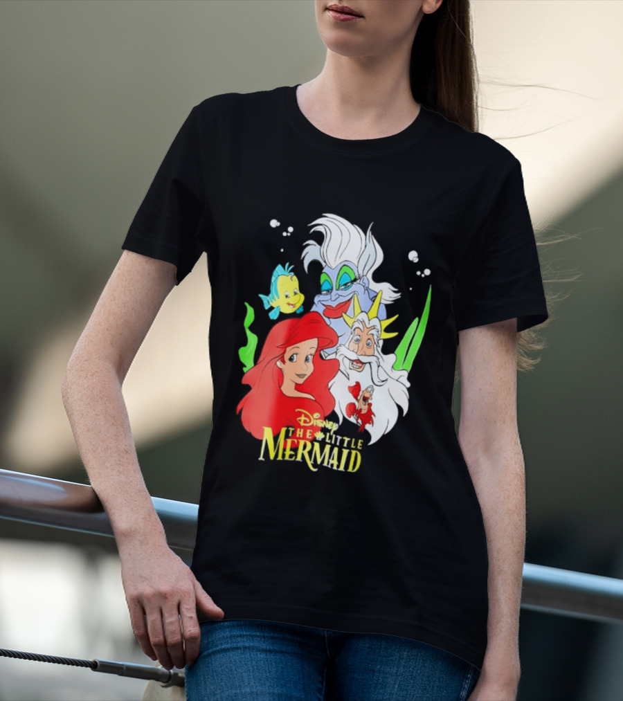 Disney The Little Mermaid Ariel Ursula King Triton Flounder Characters T-Shirt