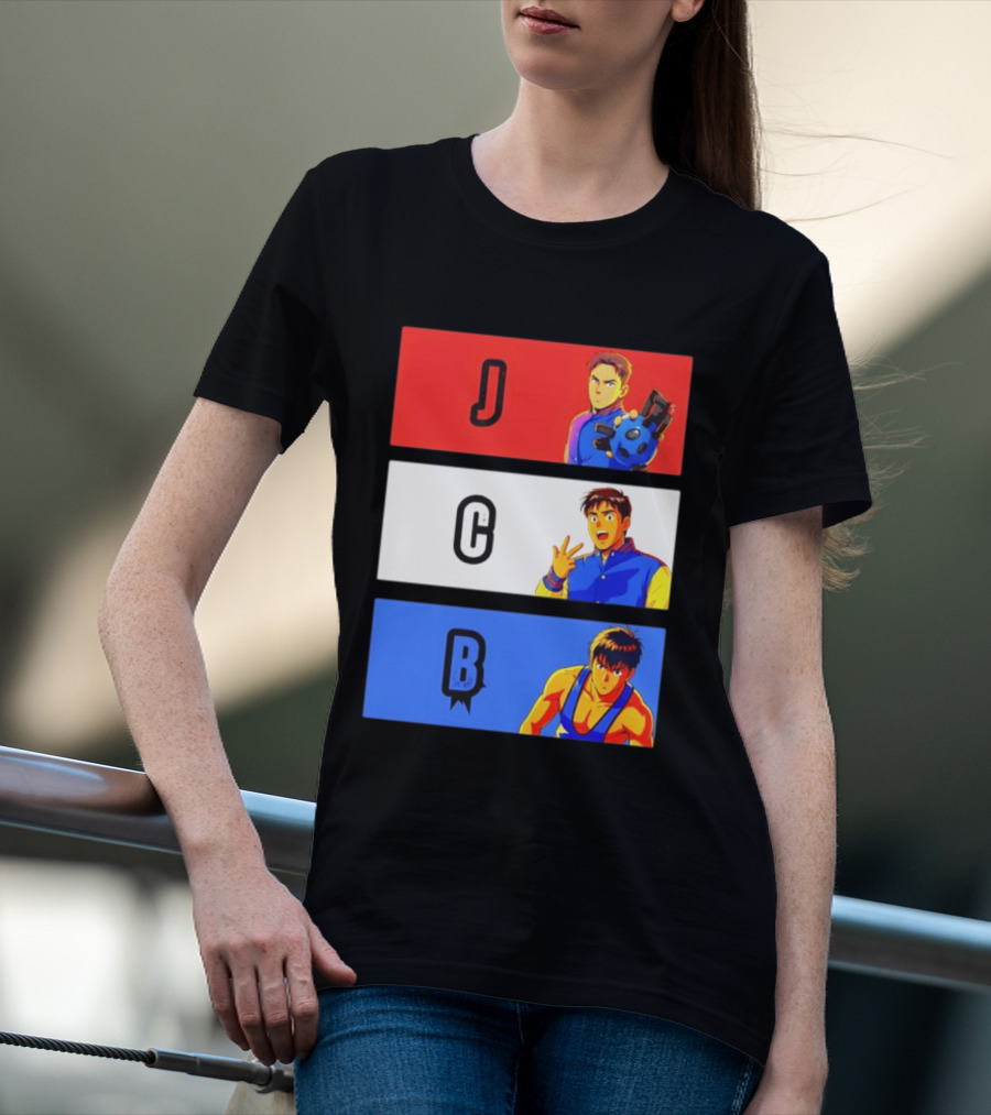 JCB Anime Characters Red White Blue Panels T-Shirt