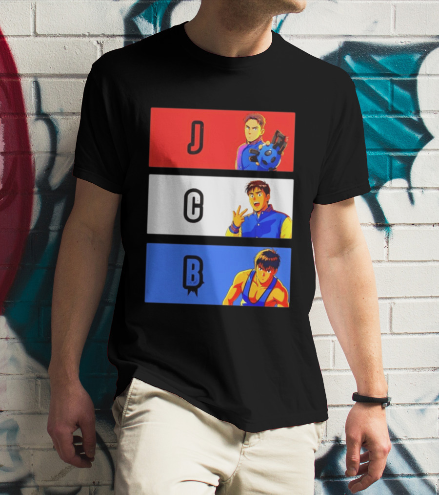 JCB Anime Characters Red White Blue Panels T-Shirt