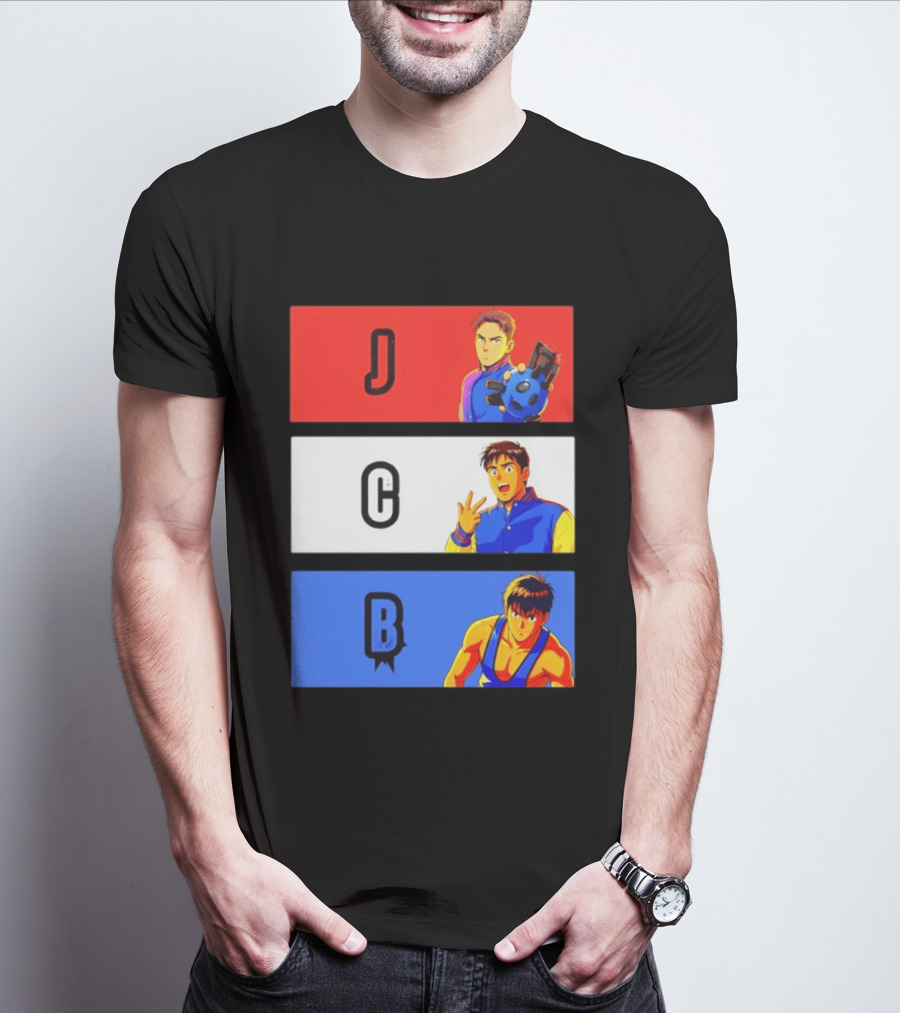 JCB Anime Characters Red White Blue Panels T-Shirt