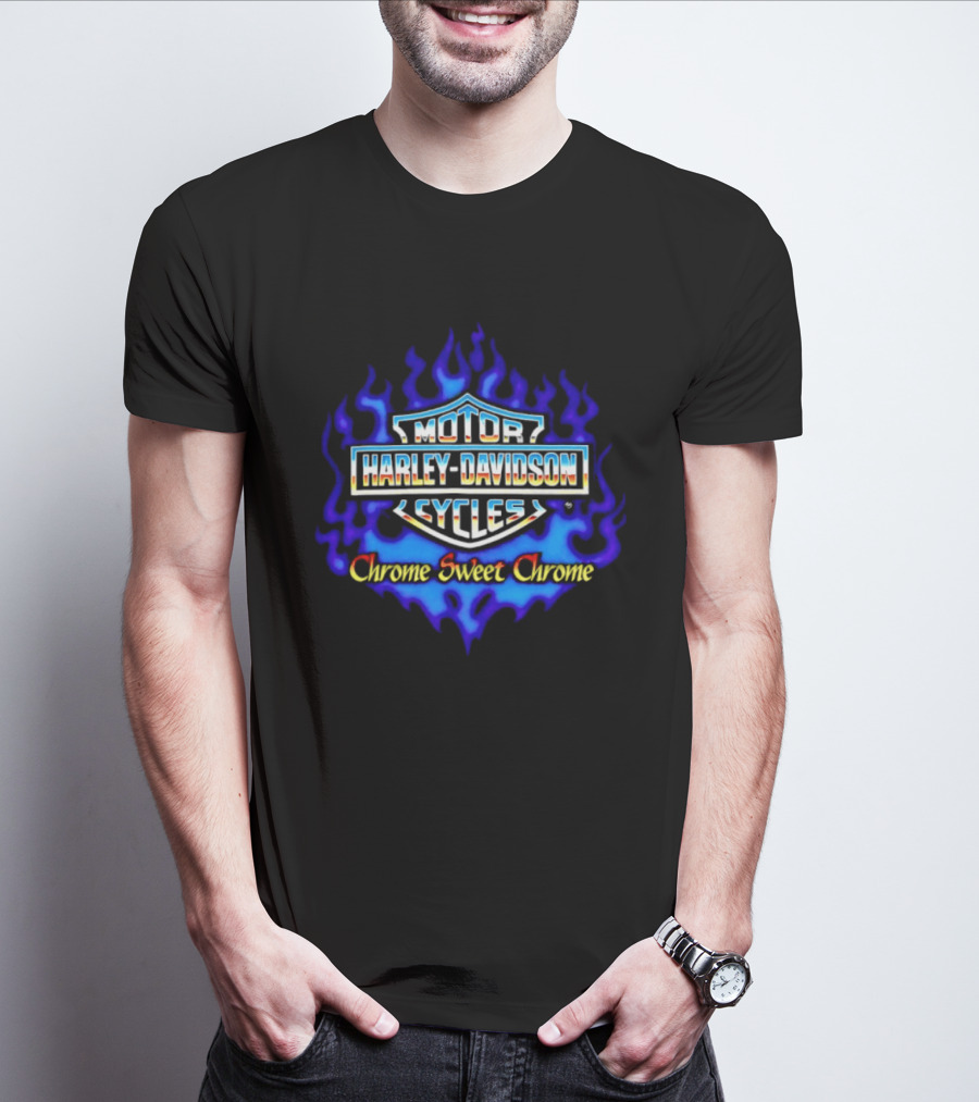 Harley Davidson Motor Cycles Chrome Sweet Chrome Blue Flames T-Shirt