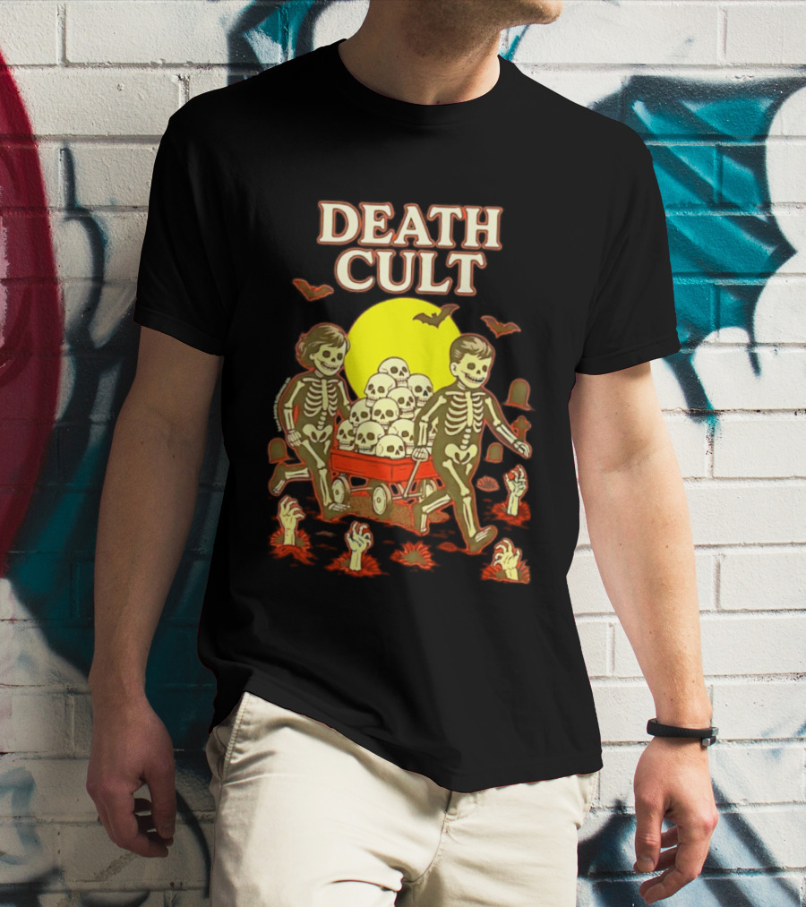 Death Cult Skeleton Kids Hauling Skull Filled Wagon With Rising Hands And Bats T-Shirt