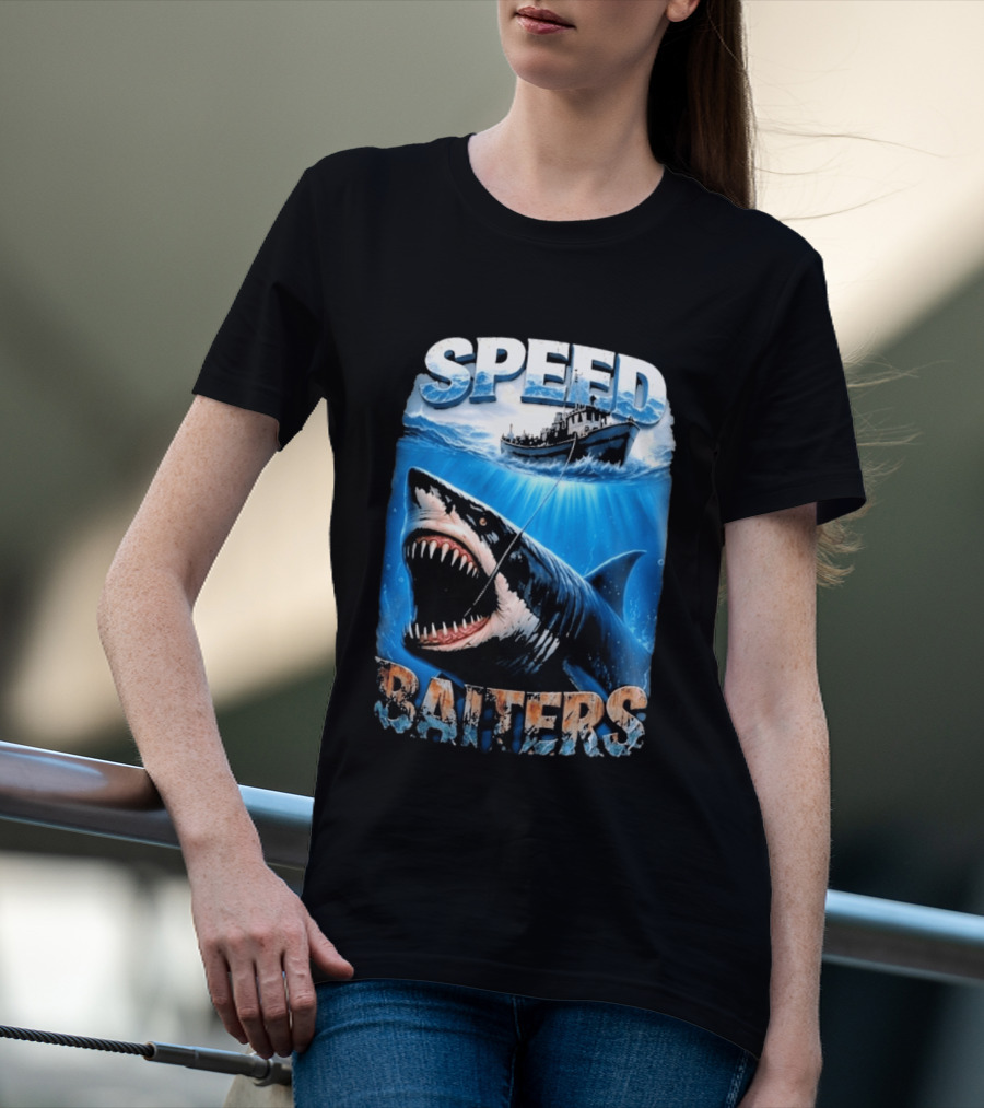 Speed Baiters Shark With Boat And Ocean T-Shirt