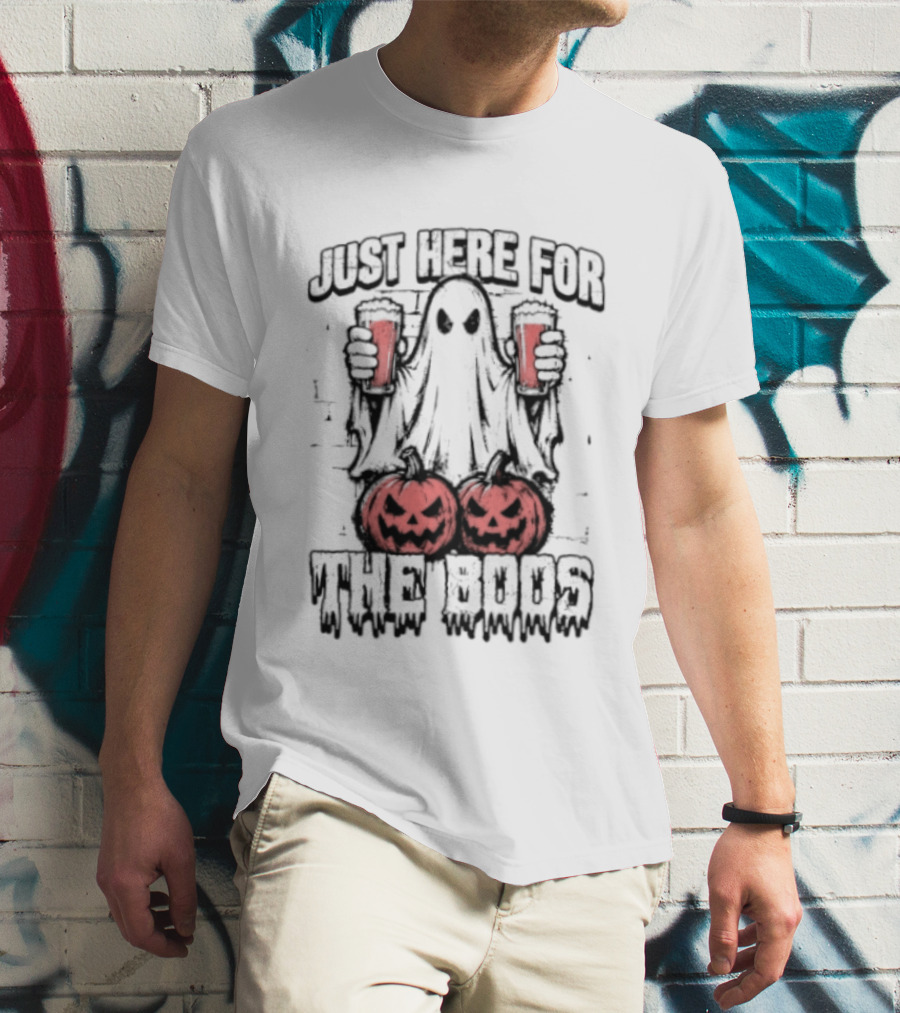 Just Here For The Boos Ghost With Beers And Pumpkins Halloween T-Shirt