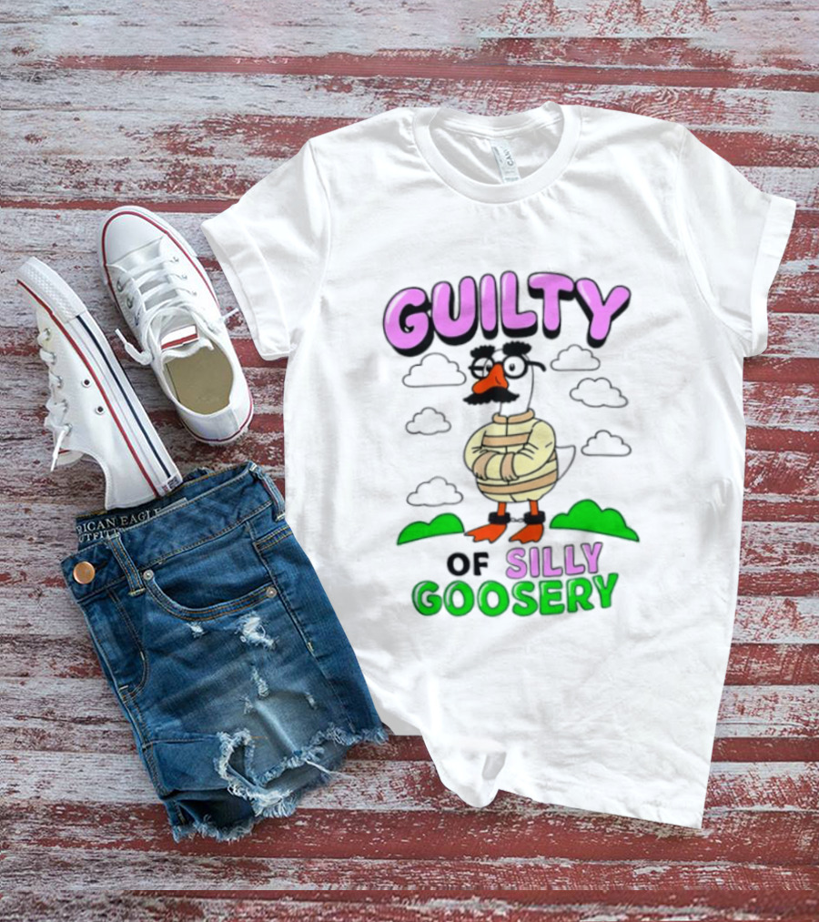 Guilty Of Silly Goosery Cartoon Goose In Striped Suit T-Shirt