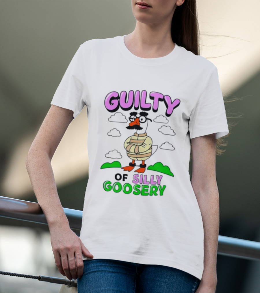 Guilty Of Silly Goosery Cartoon Goose In Striped Suit T-Shirt