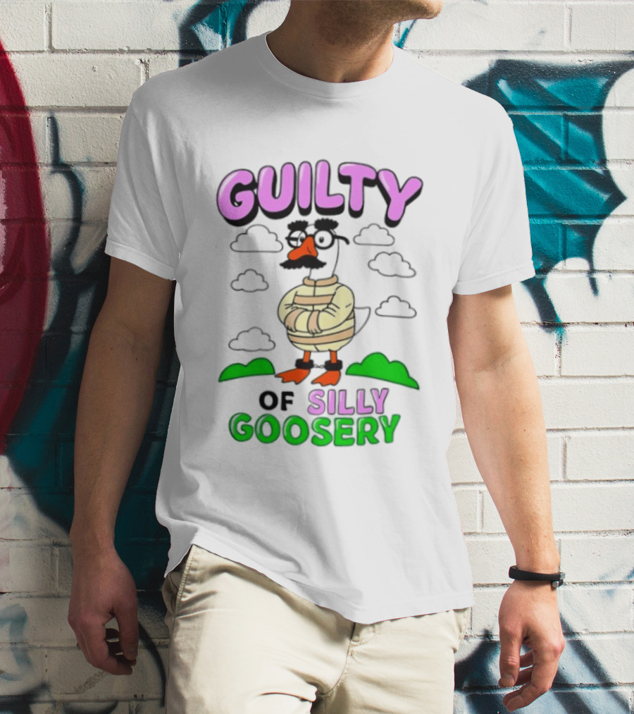 Guilty Of Silly Goosery Cartoon Goose In Striped Suit T-Shirt