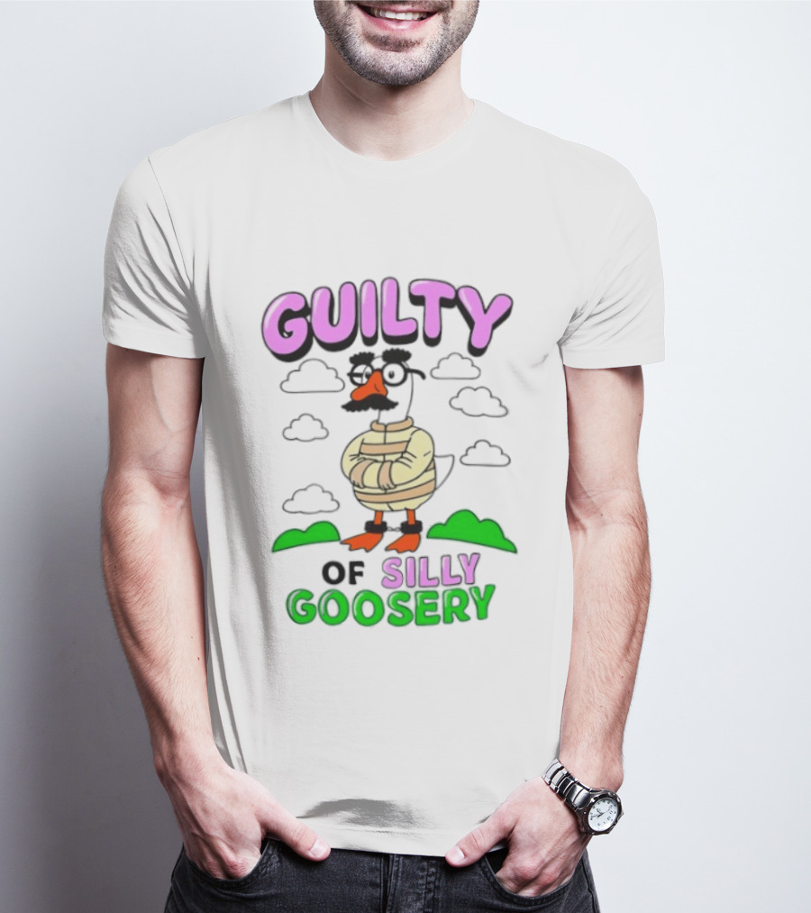 Guilty Of Silly Goosery Cartoon Goose In Striped Suit T-Shirt