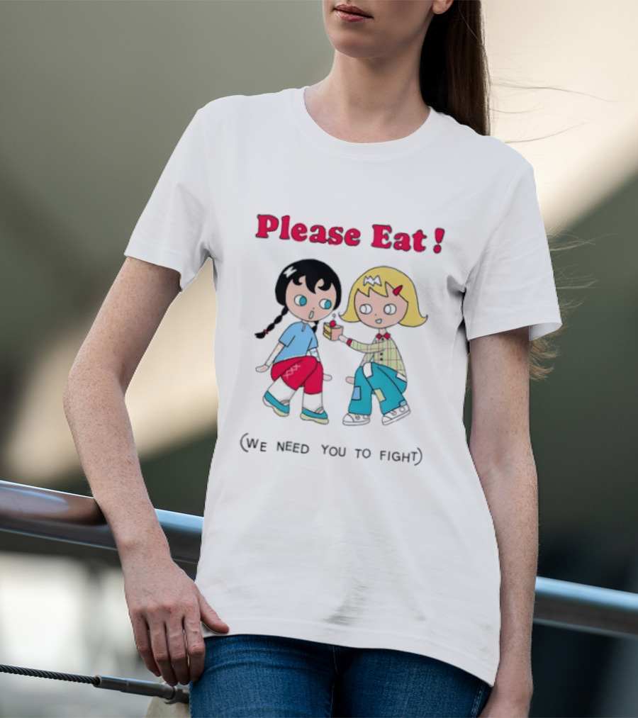 Please Eat We Need You To Fight Vintage Anime Style Cartoon Characters Sharing Food T-Shirt