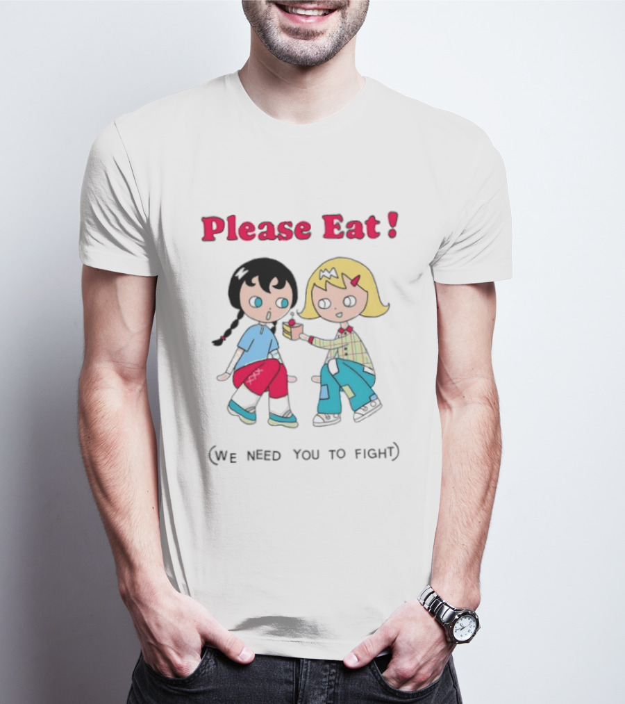 Please Eat We Need You To Fight Vintage Anime Style Cartoon Characters Sharing Food T-Shirt