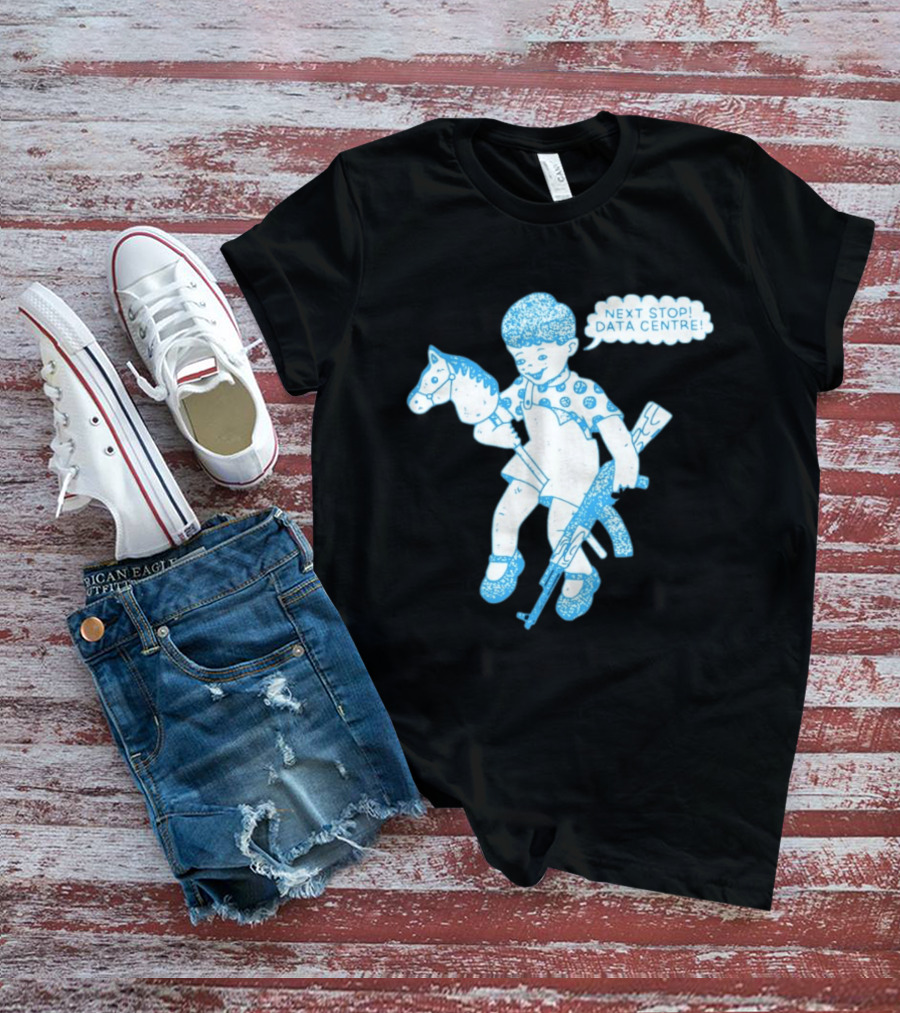 Next Stop Data Centre Kid With Hobby Horse And Toy Rifle Tech Humor T-Shirt