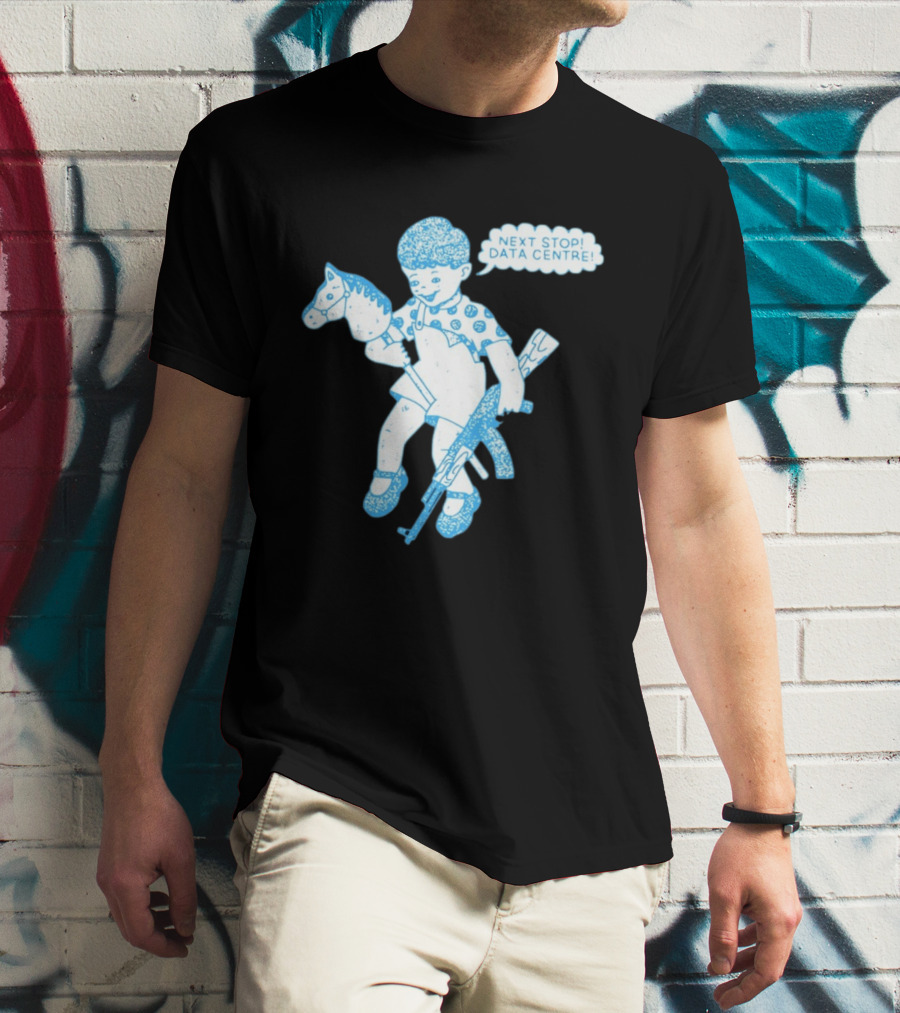 Next Stop Data Centre Kid With Hobby Horse And Toy Rifle Tech Humor T-Shirt