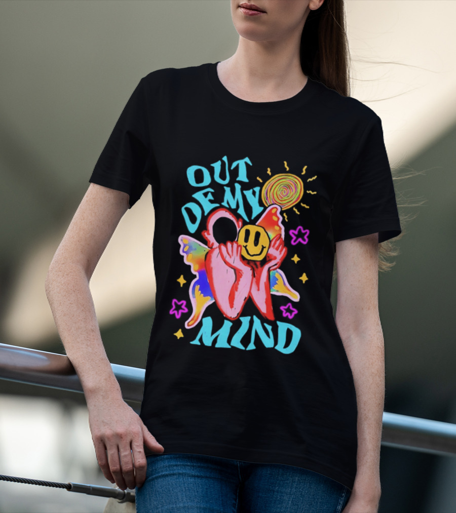 Out Of My Mind Smiley Face Butterfly Psychedelic Sunburst Fantasy Flowers T-Shirt