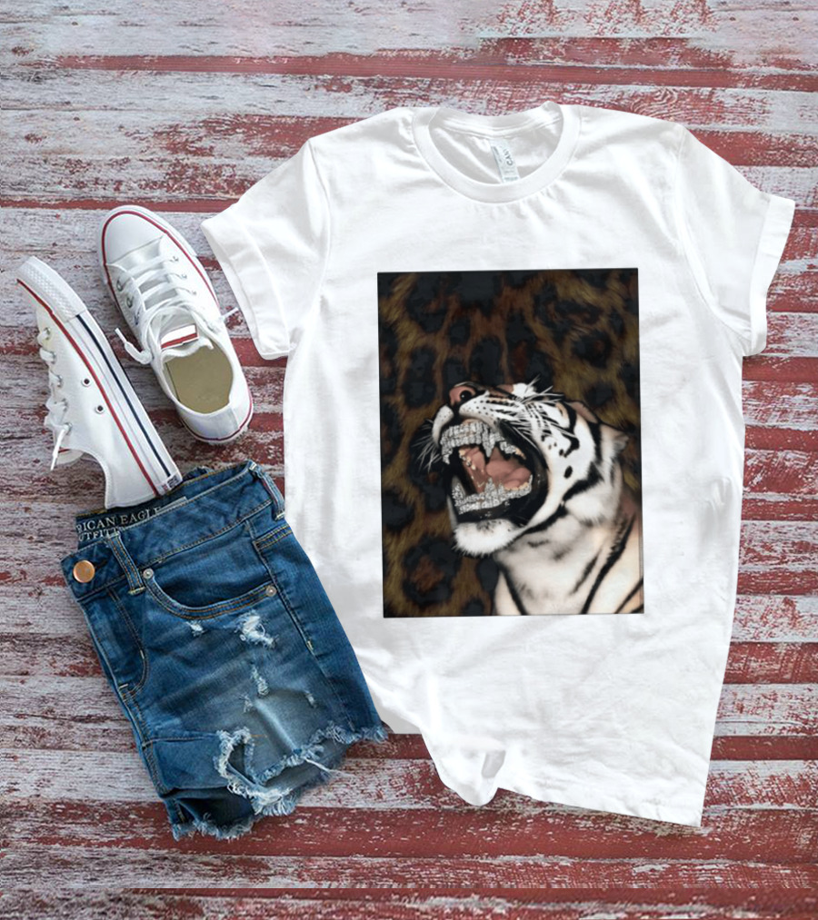 Tiger Diamond Grillz Iced Out Animal Roaring With Leopard Print T-Shirt