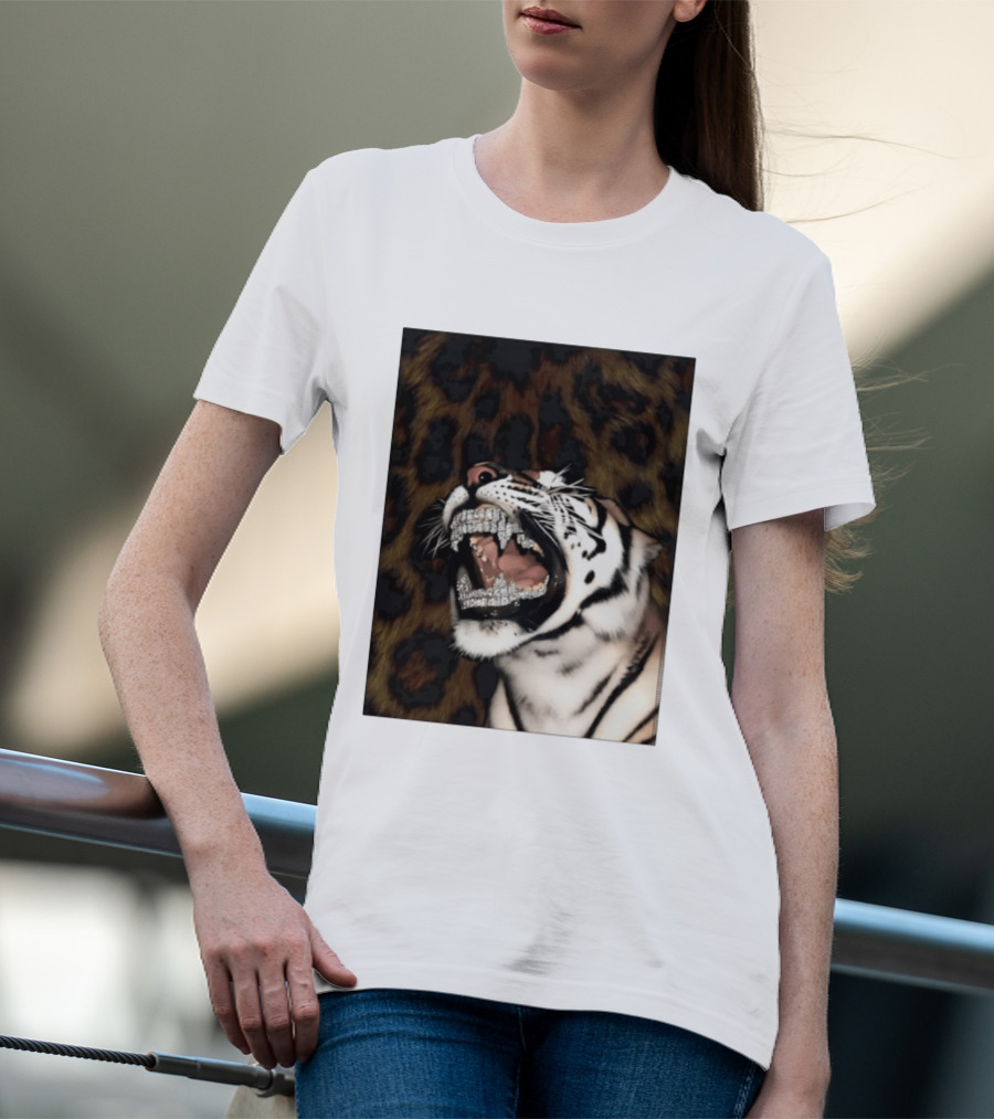 Tiger Diamond Grillz Iced Out Animal Roaring With Leopard Print T-Shirt