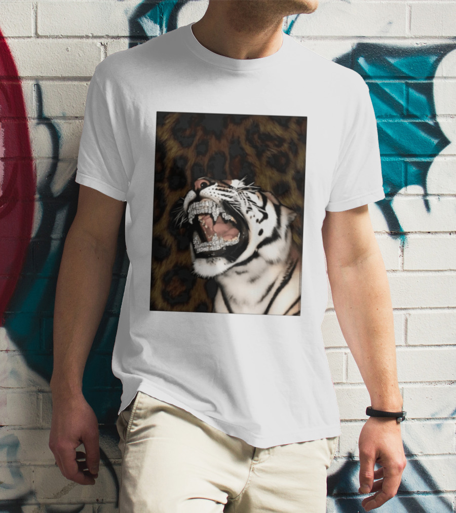 Tiger Diamond Grillz Iced Out Animal Roaring With Leopard Print T-Shirt