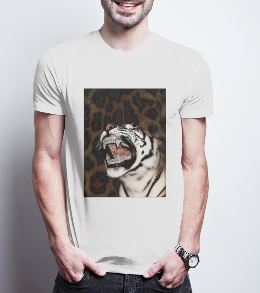 Tiger Diamond Grillz Iced Out Animal Roaring With Leopard Print T-Shirt