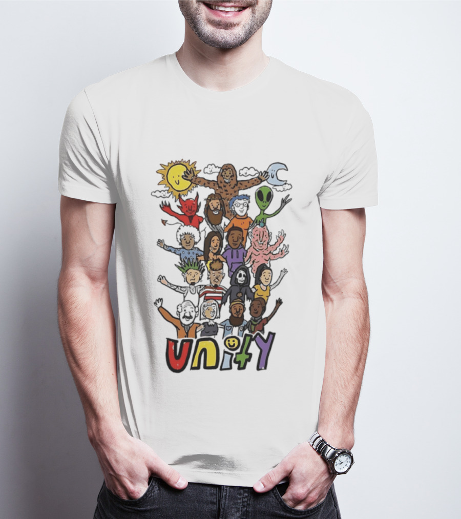 Unity Cartoon Characters Doodle Diverse Characters Aliens Bigfoot Devil Sun Moon T-Shirt