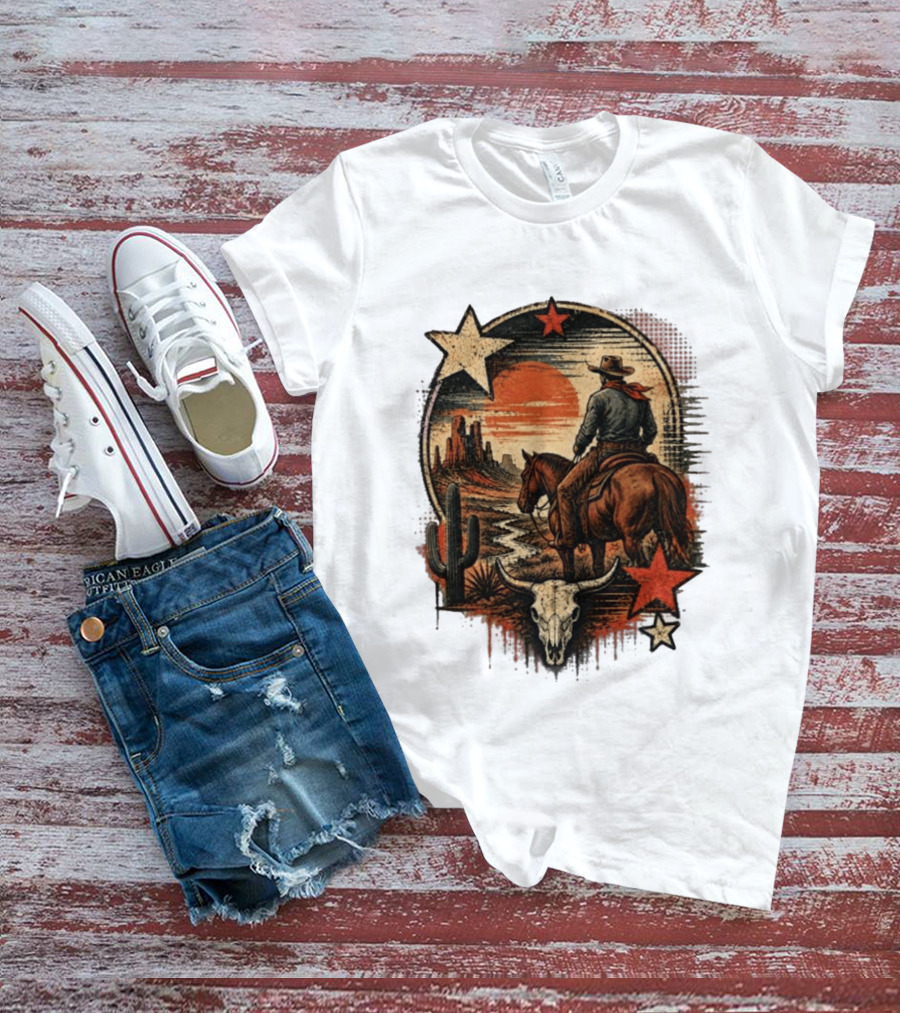 Cowboy On Horseback Under Desert Sunset With Cactus And Skull T-Shirt