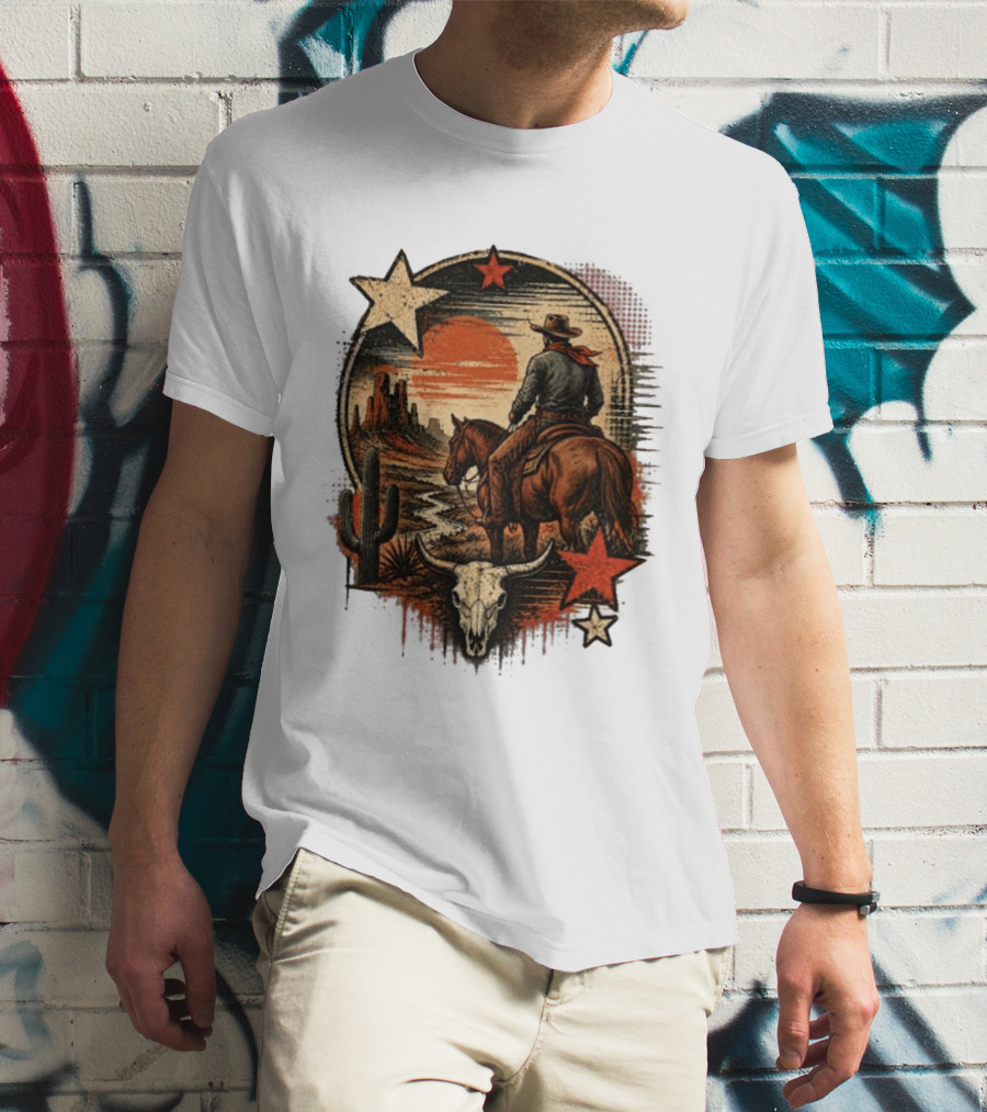 Cowboy On Horseback Under Desert Sunset With Cactus And Skull T-Shirt