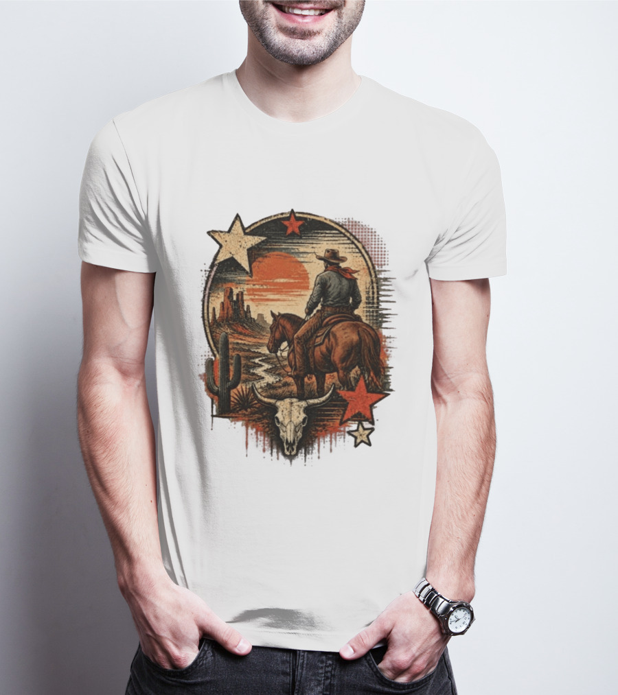 Cowboy On Horseback Under Desert Sunset With Cactus And Skull T-Shirt
