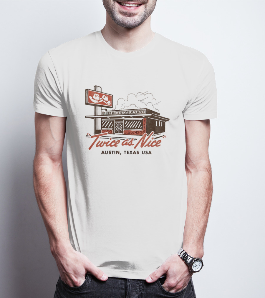 The Bros Fresh Twice As Nice Austin Texas USA Retro Storefront And Skateboard Sign T-Shirt