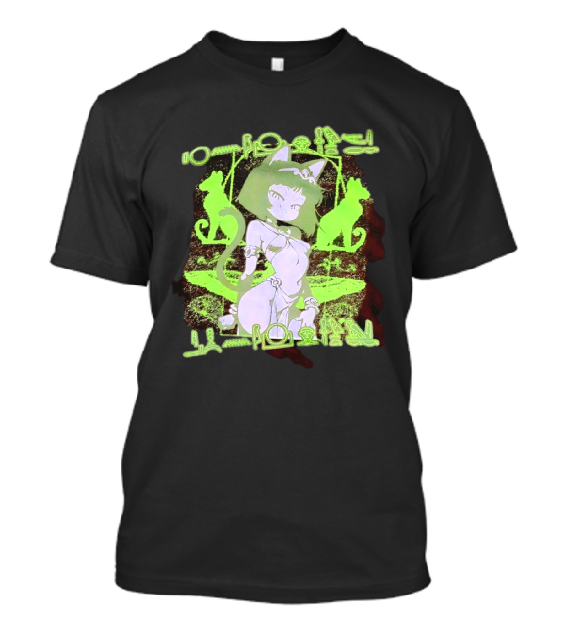 Anime Cat Girl Egyptian Hieroglyphics Neon Green Aesthetic T-Shirt