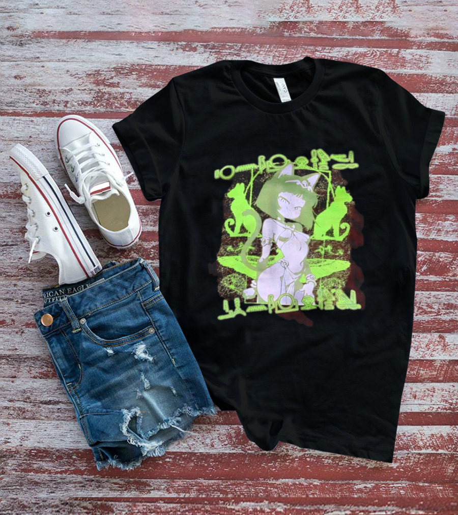 Anime Cat Girl Egyptian Hieroglyphics Neon Green Aesthetic T-Shirt