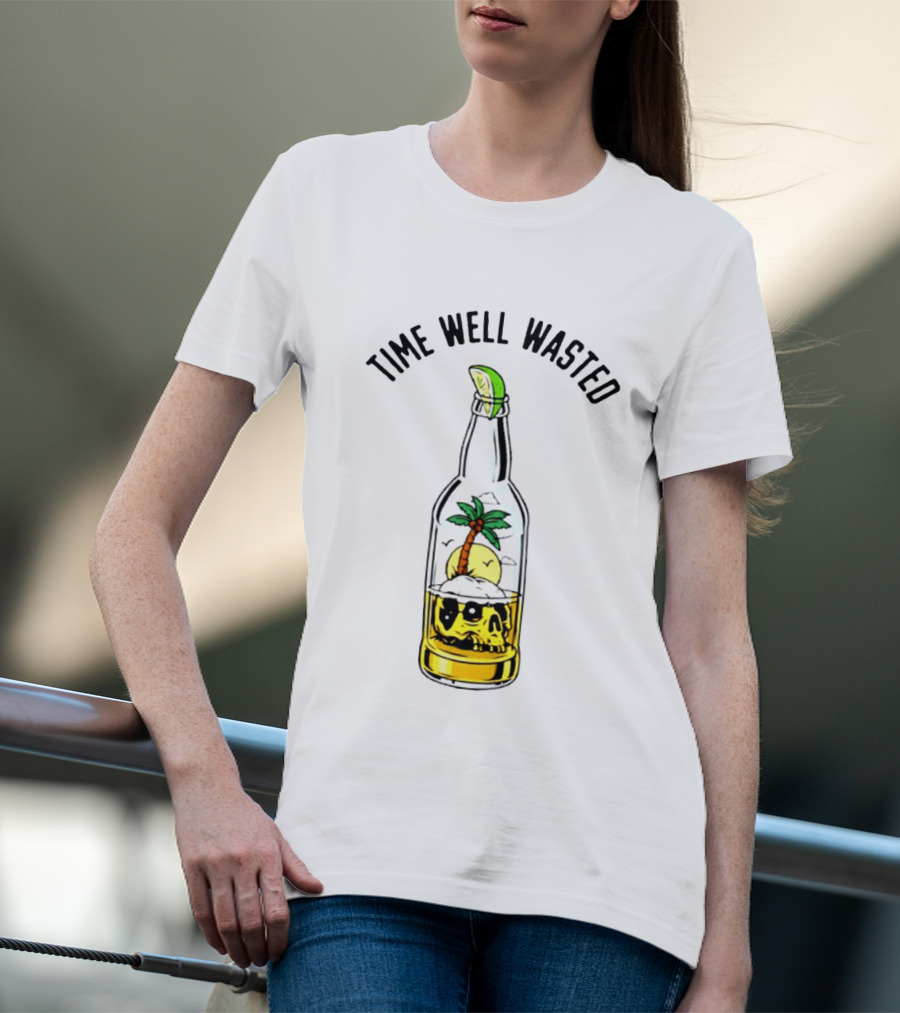 Time Well Wasted Skull And Palm Tree In Bottle With Lemon Slice T-Shirt