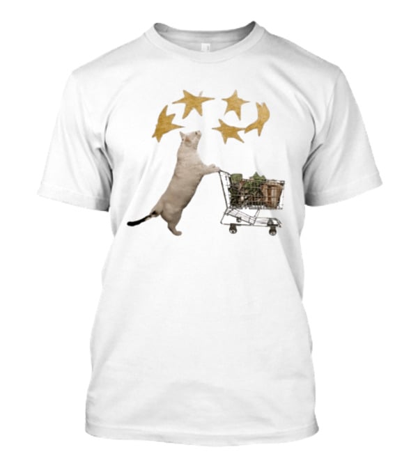 Cat Pushes Shopping Cart With Golden Stars Above T-Shirt