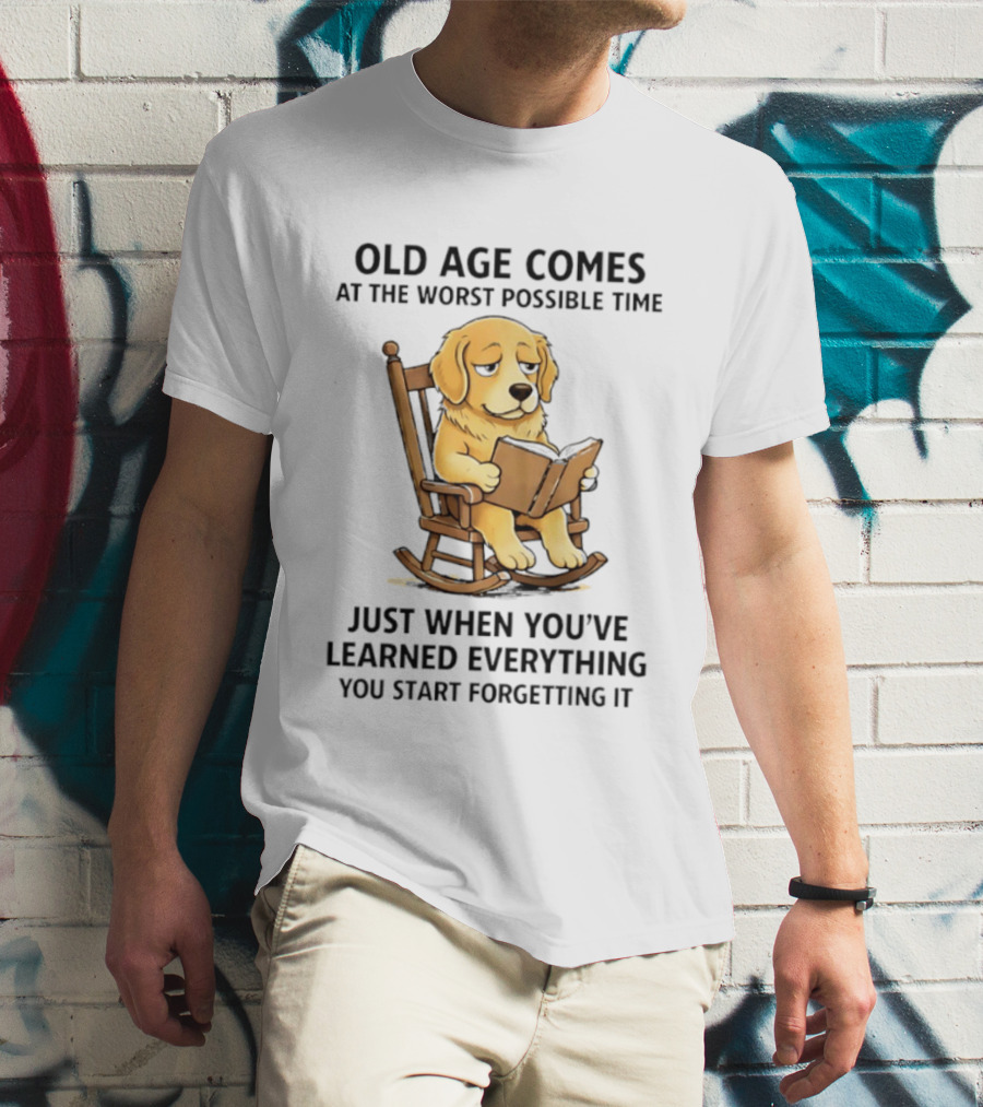Golden Retriever Reading In Rocking Chair Old Age Humor T-Shirt