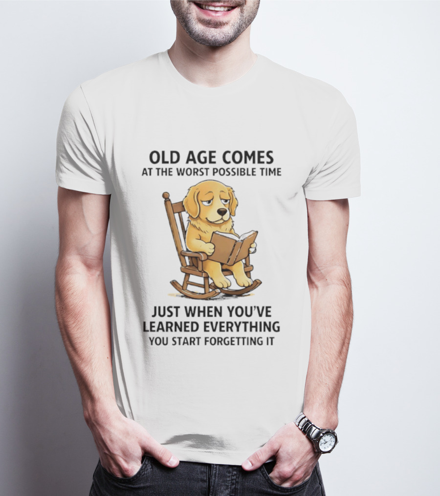 Golden Retriever Reading In Rocking Chair Old Age Humor T-Shirt