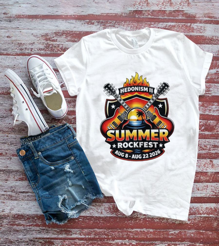 Hedonism II Summer Rockfest August 8 22 2026 Guitars Sunset Palms Fire T-Shirt