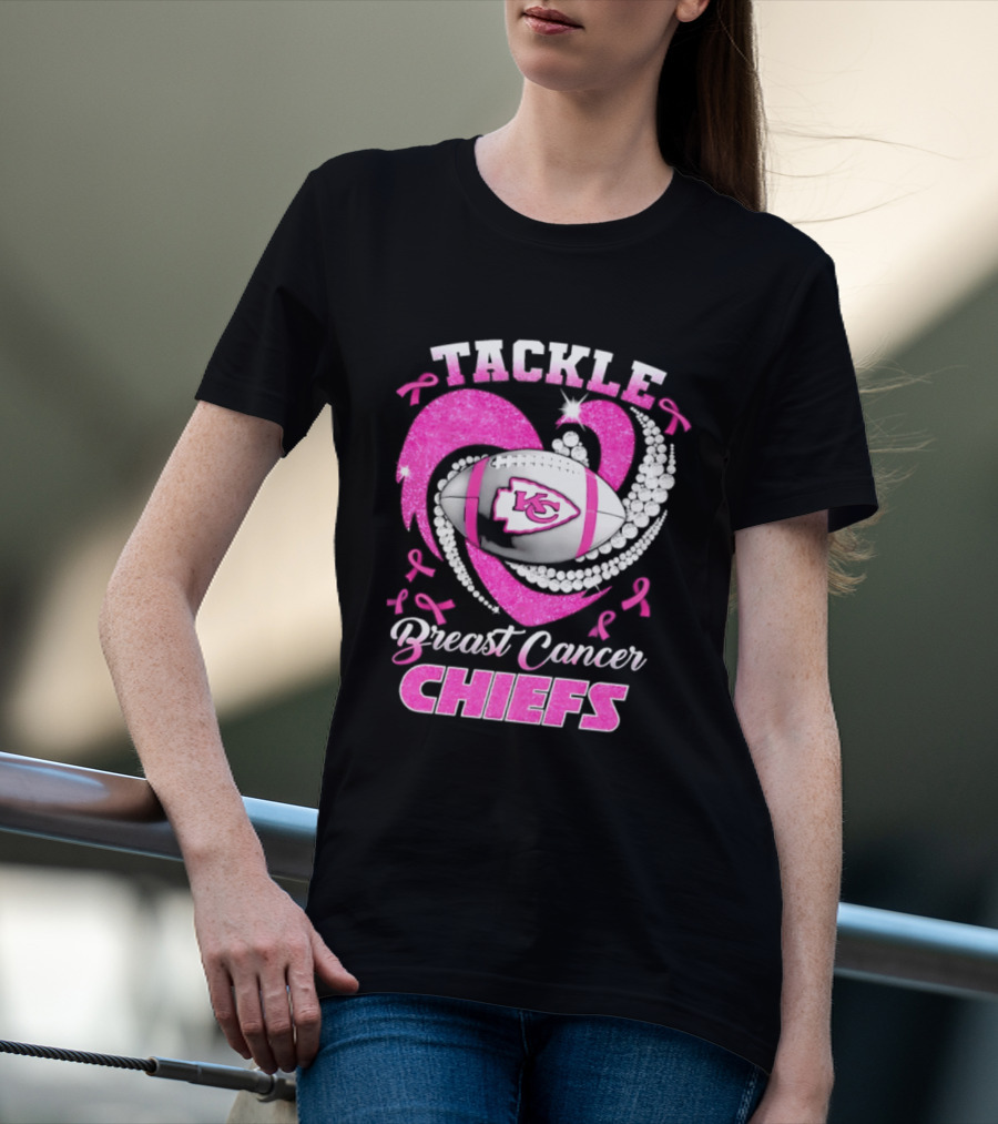 Tackle Breast Cancer Kansas City Chiefs Pink Ribbon Football Heart T-Shirt