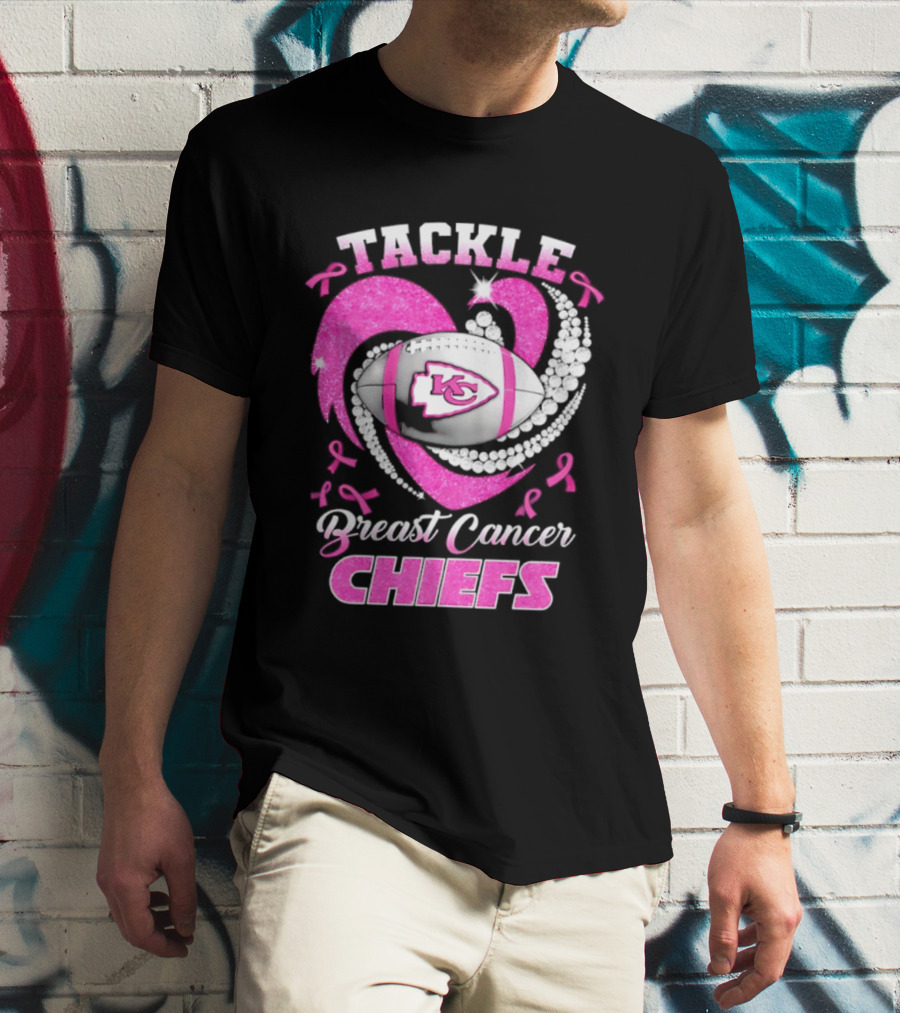Tackle Breast Cancer Kansas City Chiefs Pink Ribbon Football Heart T-Shirt