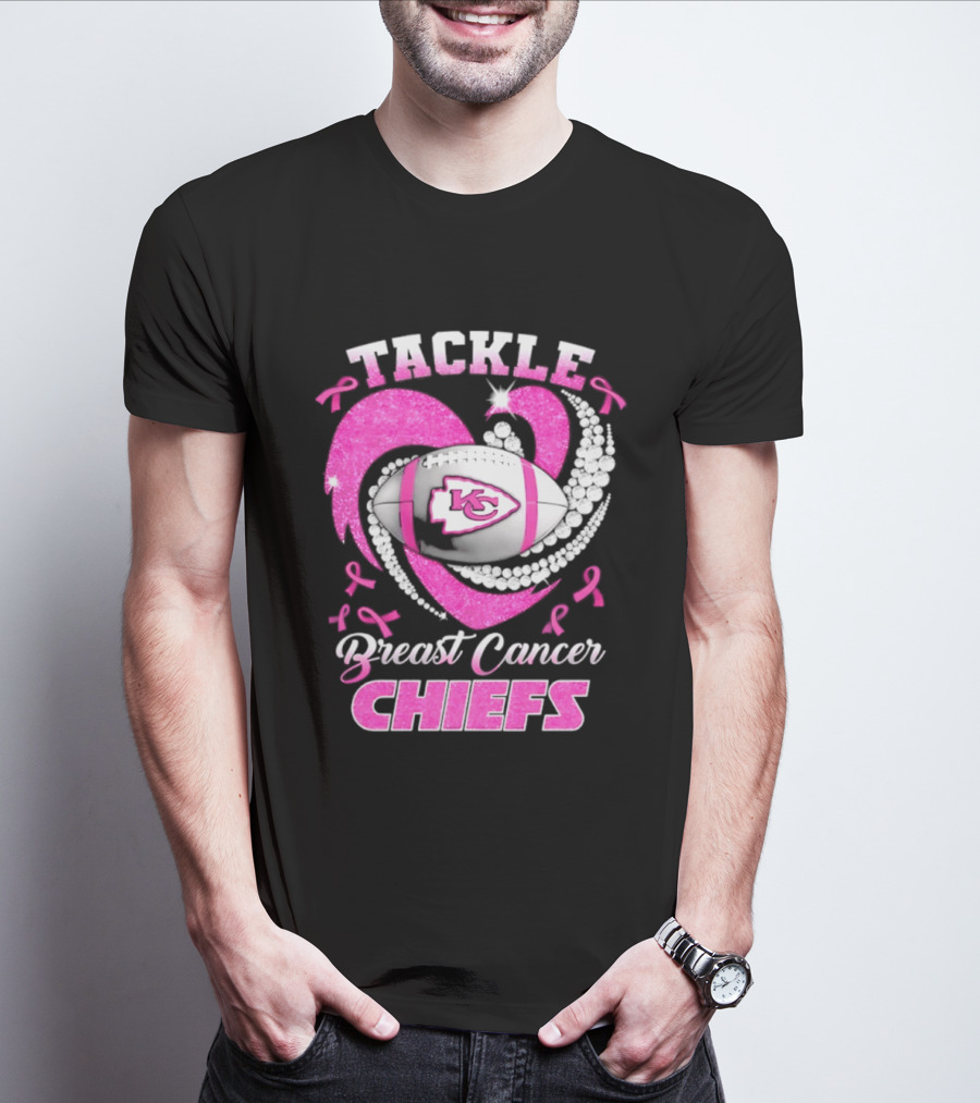 Tackle Breast Cancer Kansas City Chiefs Pink Ribbon Football Heart T-Shirt